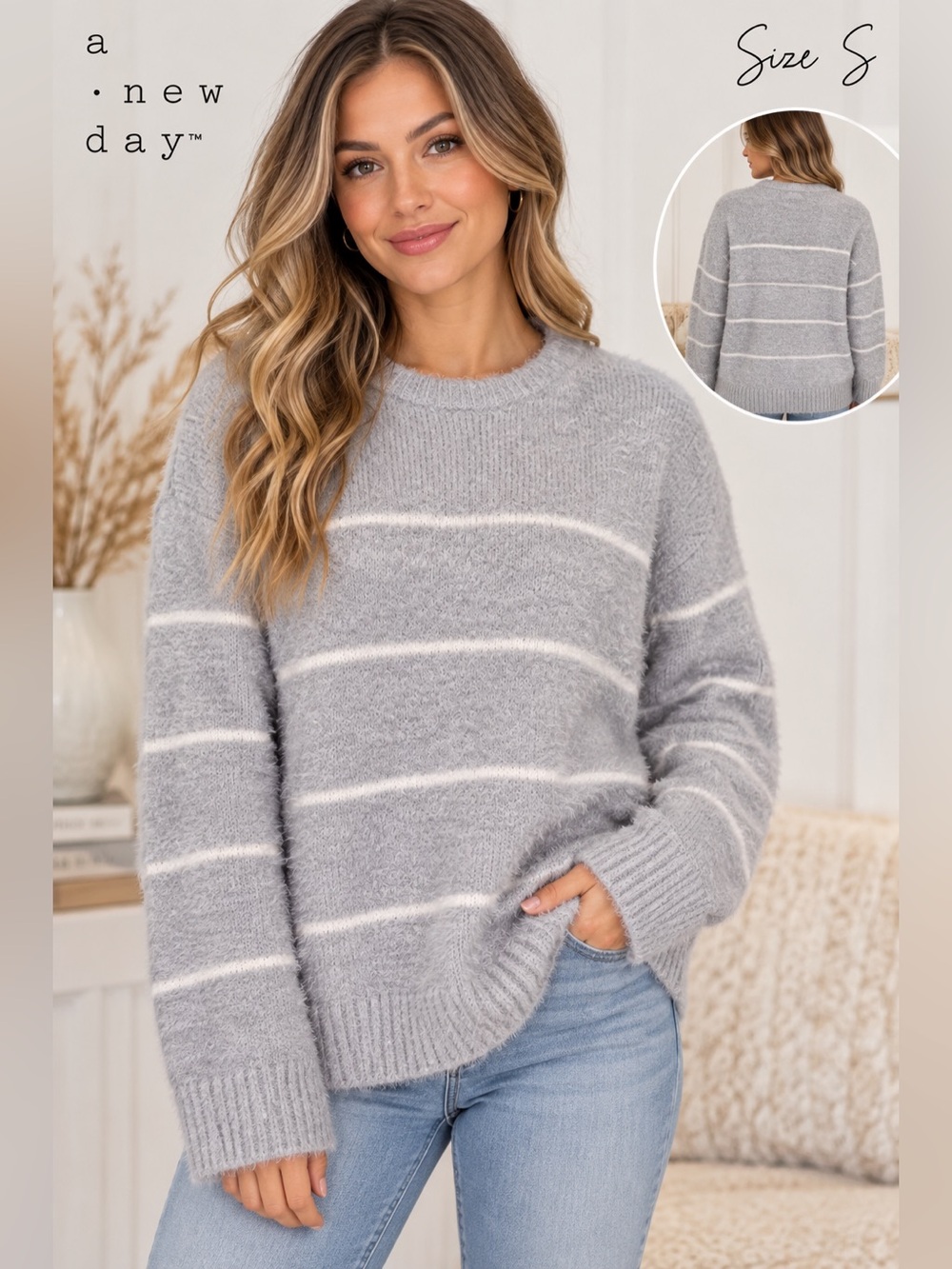 A New Day Gray White Striped Fuzzy Crewneck Sweater Size S NWT